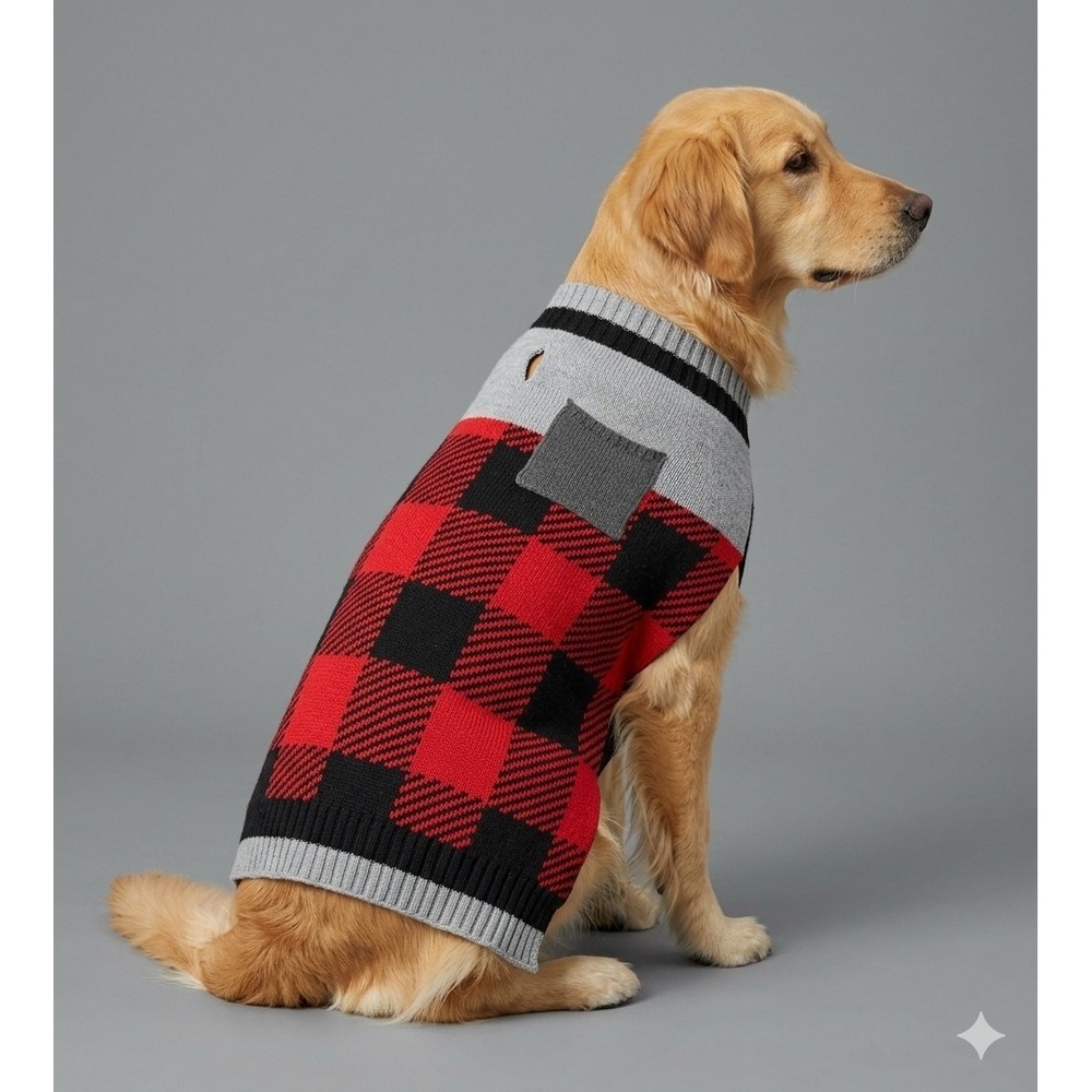 Vibrant Life Red Black Buffalo Plaid Dog Sweater Large Leash Hole Colorblock